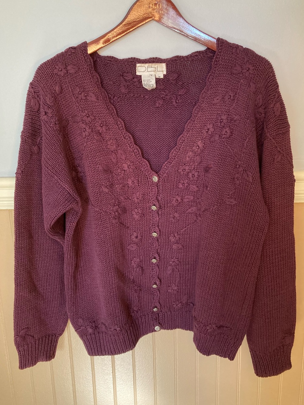 Vintage D.B.L. Burgundy Knit Cardigan Floral Embroidered V-Neck Sweater - Medium